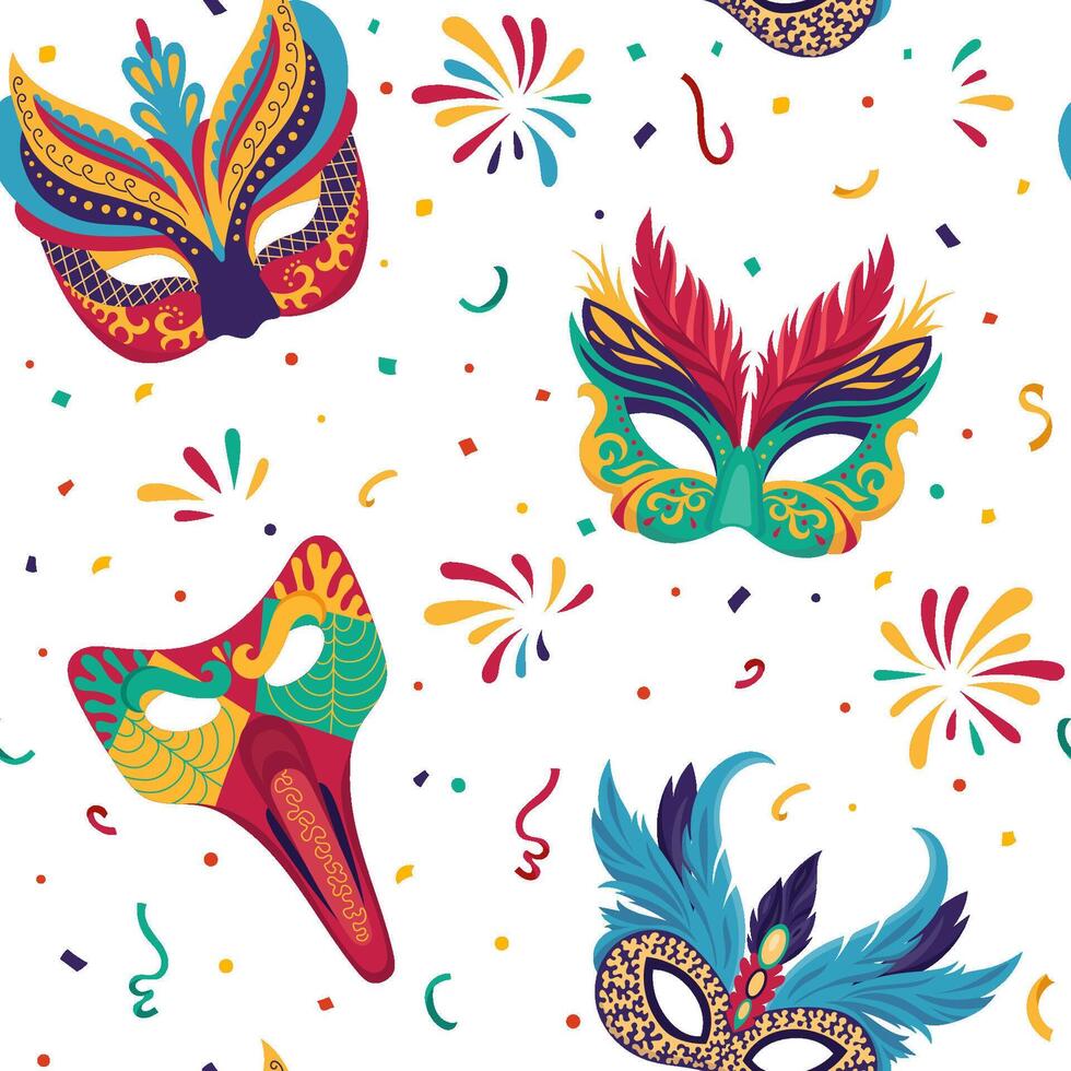 Vibrant seamless pattern featuring variety of ornate carnival masks Each masquerade mask is decorated with intricate design, feathers and beads capturing lively spirit of festive celebrations. vector