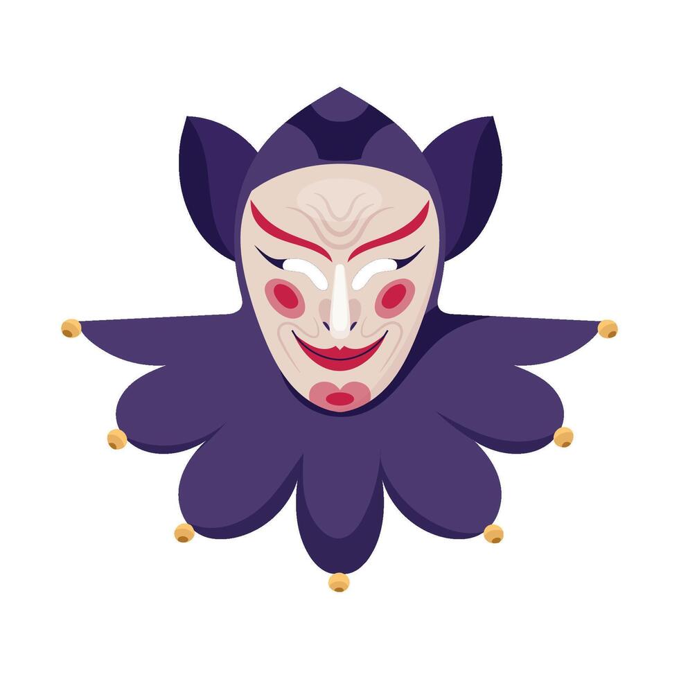 Deep purple jester carnival mask adorned with bells and jabot. Dramatic joker-style masquerade mask for Mardi Gras. Venetian party clown face covering. Festive flat illustration isolated vector