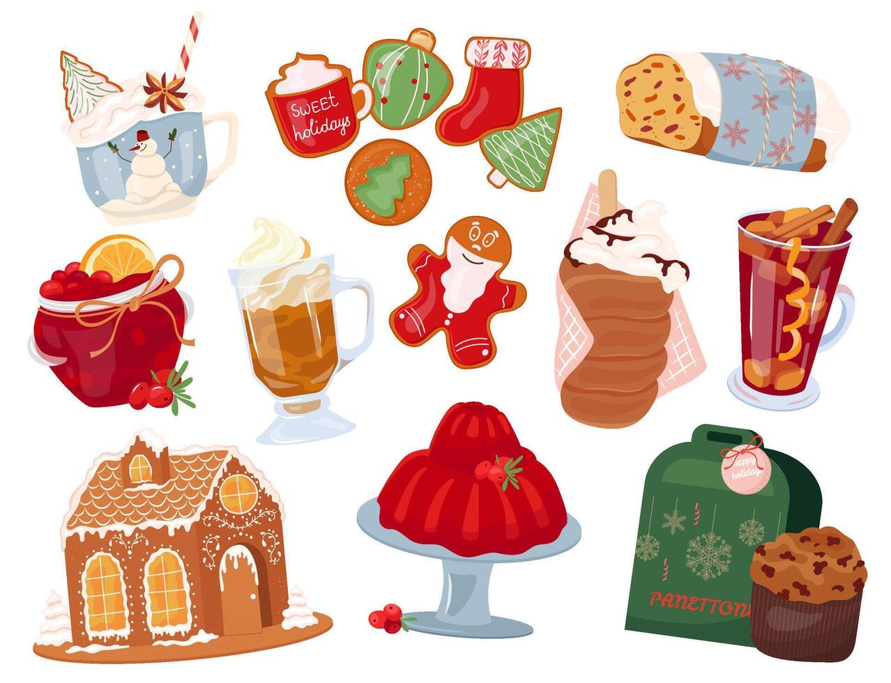 Winter local sweet delicious. Christmas gingerbread house and cookies. Stollen and panettone traditional cake Cranberry confiture in glass jar. Glass of aromatic mulled wine with fruit Trdelnik vector