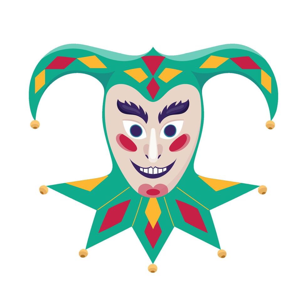 Authentic jester carnival mask with hat, bells and jabot. Mardi gras holiday traditional joker masque with rhombs. Venetian masquerade party clown face disguise accessory. flat illustration vector