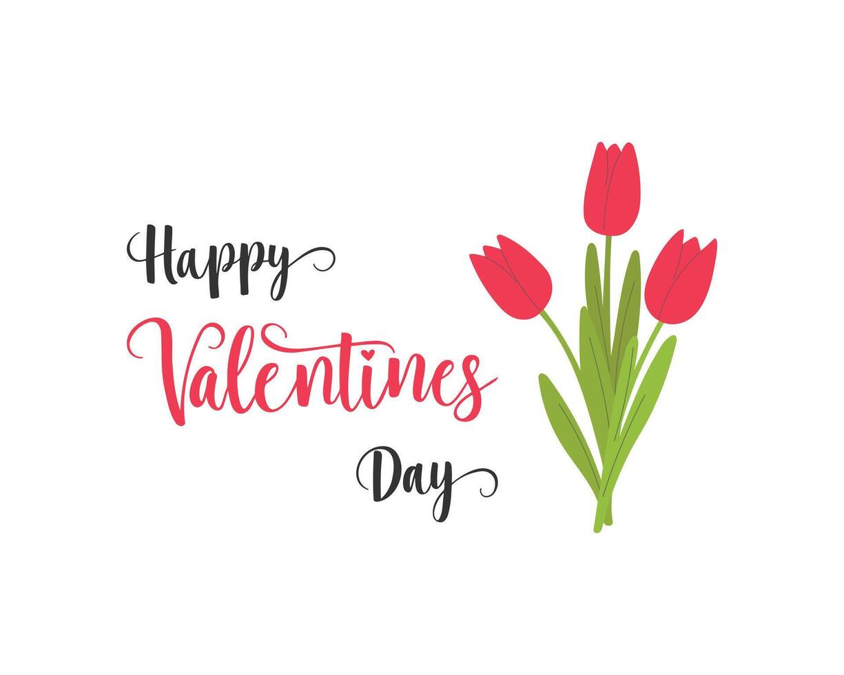 Happy Valentines day with bouquet of red tulips. Isolated on white background. vector