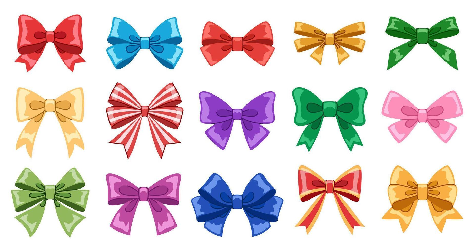 Festive bows set. Collection of bright multi-colored decorative bows for gifts, cards, festive design. vector