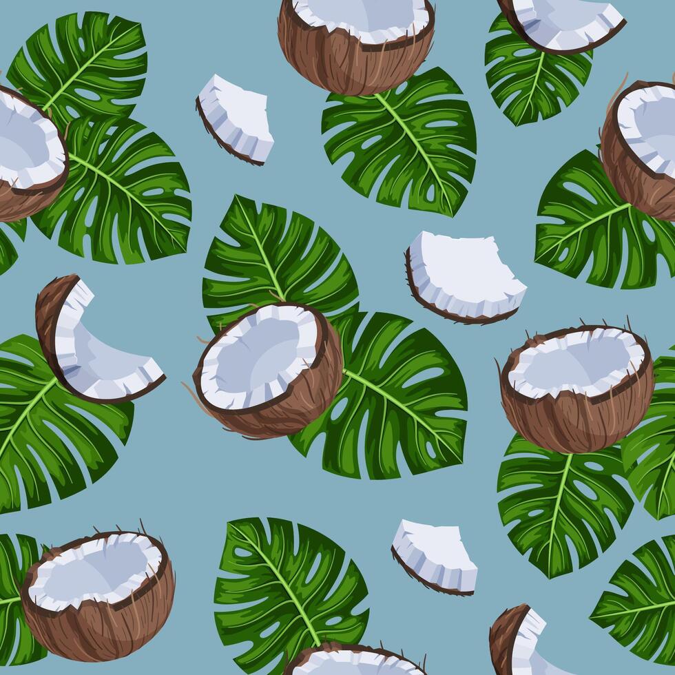 Tropical summer seamless pattern with coconuts and exotic leaves. Hawaiian bright fruit background for summer fabric designs, wallpapers and more. Blue background. vector