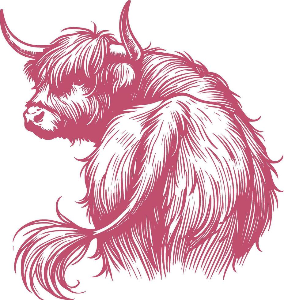 Hand Drawn Highland Cow with Intricate Fur in Rustic Design vector