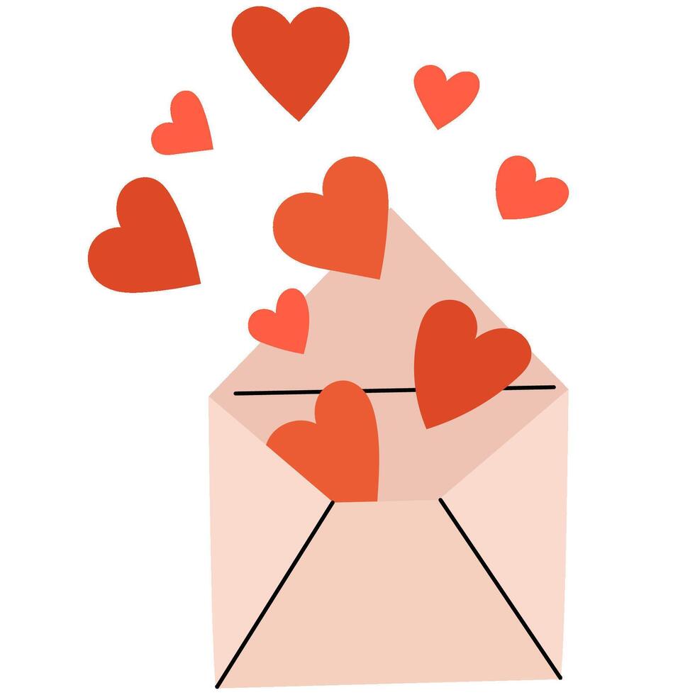 Open envelope with hearts spilling out, symbolizing love and Valentine's Day. vector