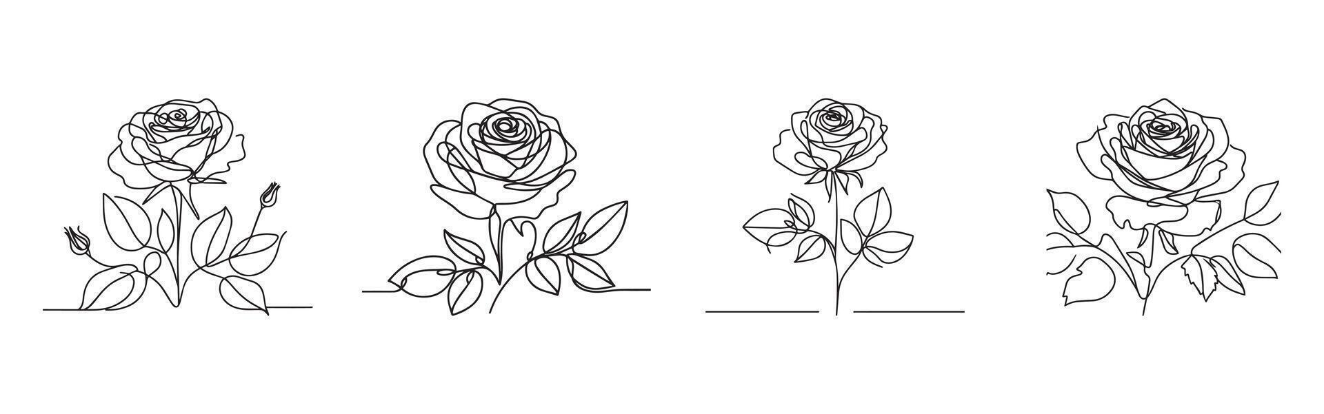 Set of Elegant One-Line Rose Drawings, Rose Line Art Illustration Set on White Background vector