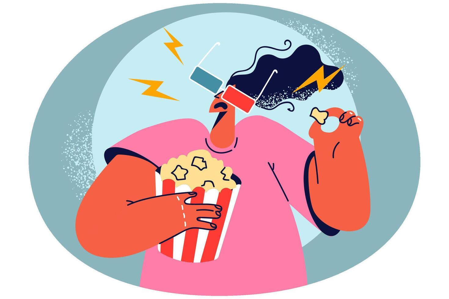 Woman in 3d glasses watch movie in cinema vector