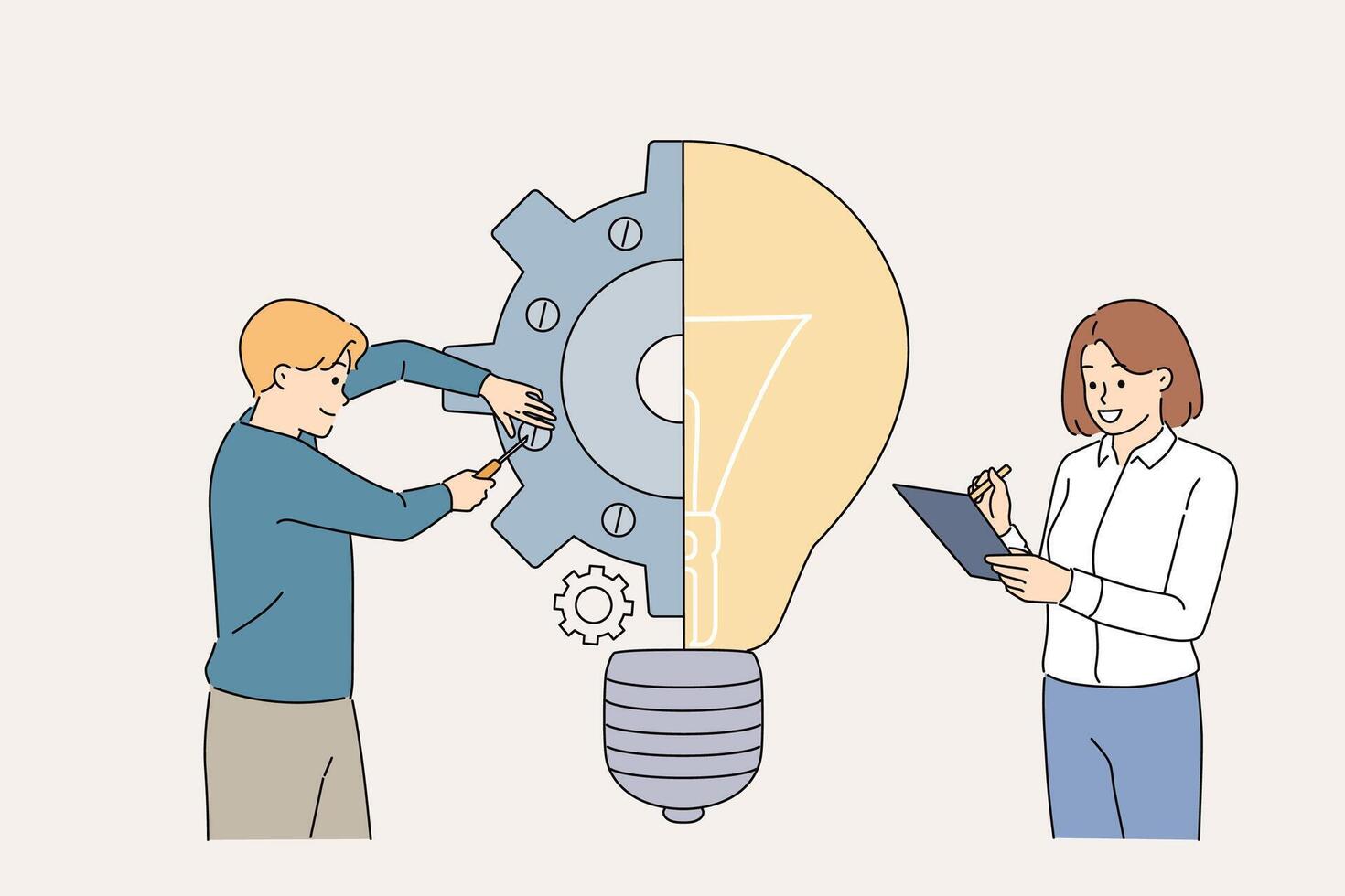 Teamwork of engineers developing innovative product and creating prototype after ideas arise vector