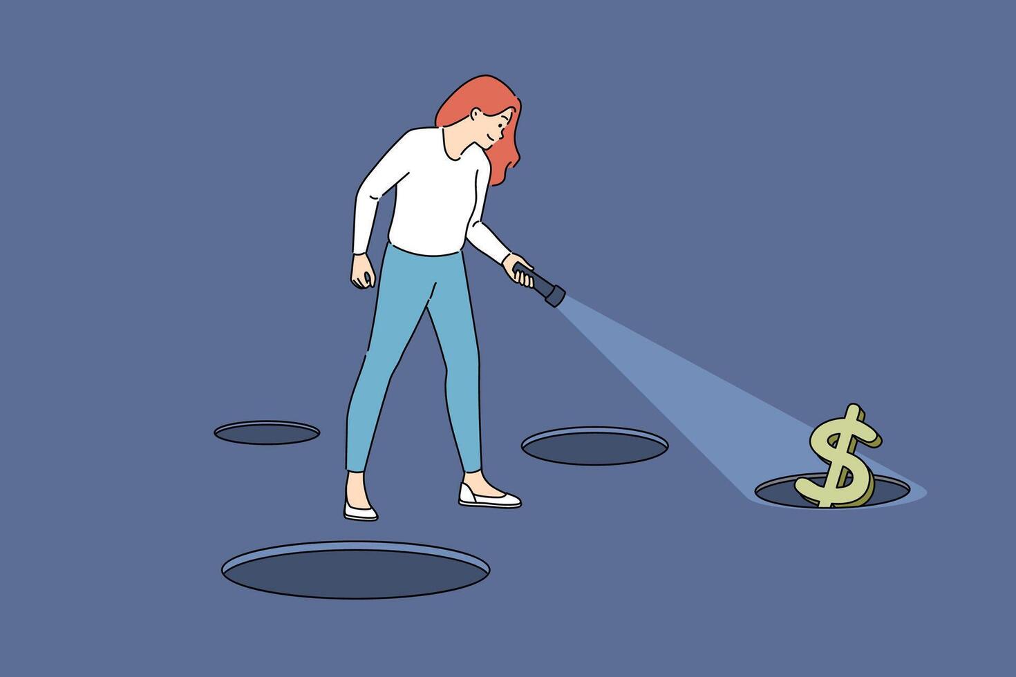 Woman is looking for money using flashlight, shining on dollar symbol sticking out of hole in ground vector