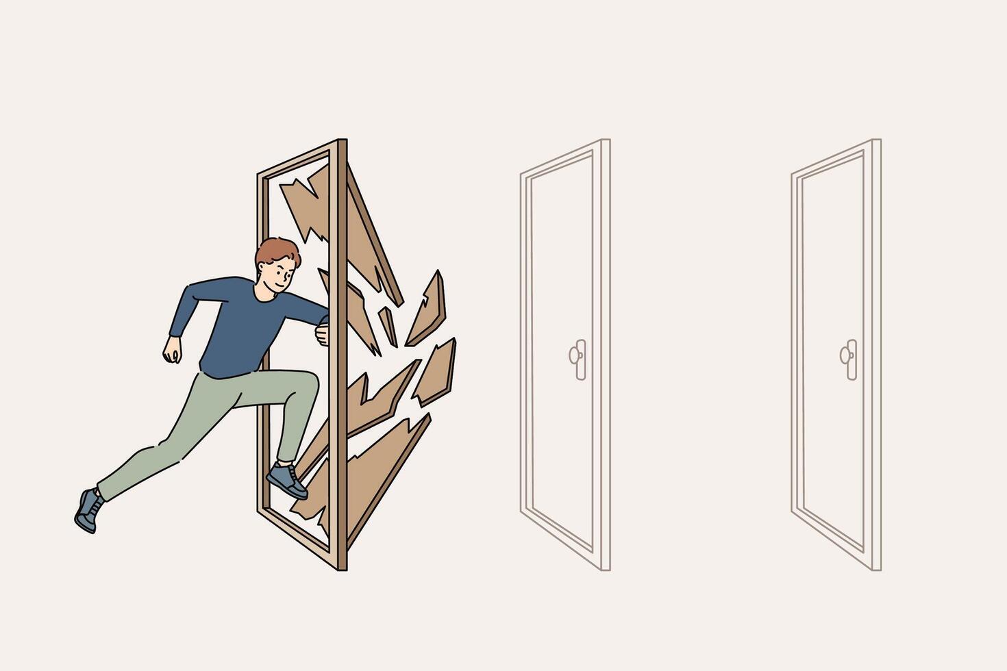 Man overcomes obstacles during challenge, running and destroying closed doors along way vector
