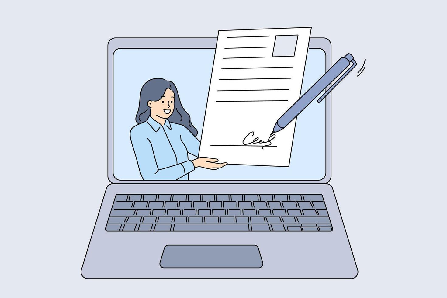 Business woman receives electronic signature documents on laptop screen and approves contract online vector