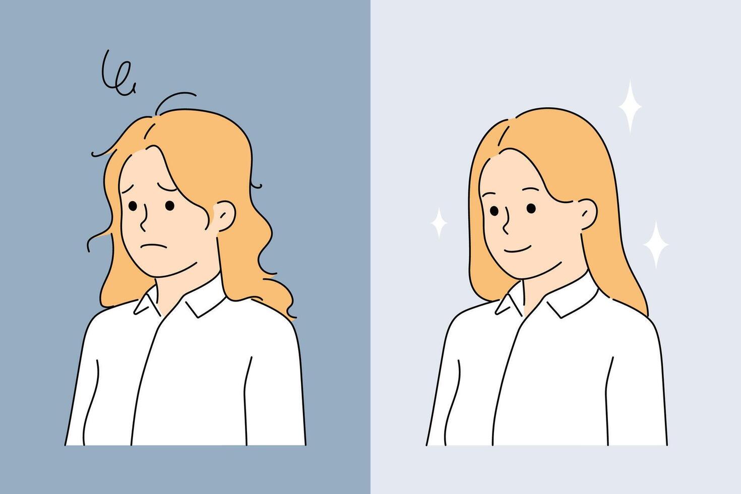 Transformation of girl after visiting hairdresser or using high-quality shampoo. vector