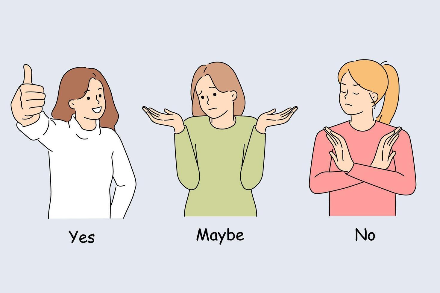 Woman makes decision and demonstrates yes, no, or probably gestures after hearing question vector