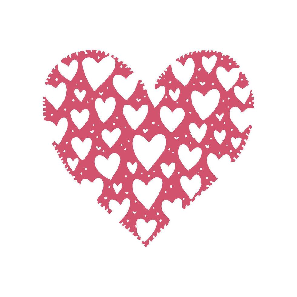 Heart filled with various red and pink hand-drawn hearts, sewn edges, white background, representing love and affection concept vector
