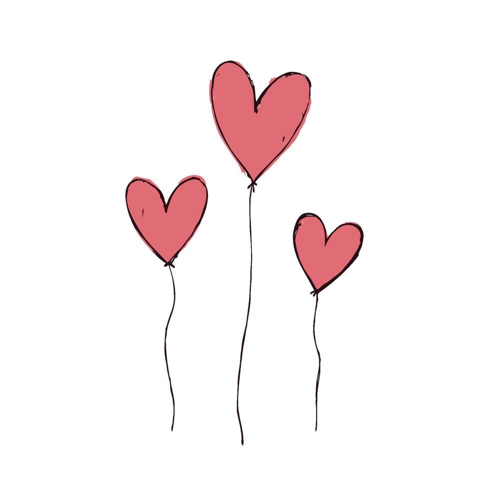 Three red heart-shaped balloons with thin strings, drawn in a sketch style on a plain white background, symbolizing love and romance vector