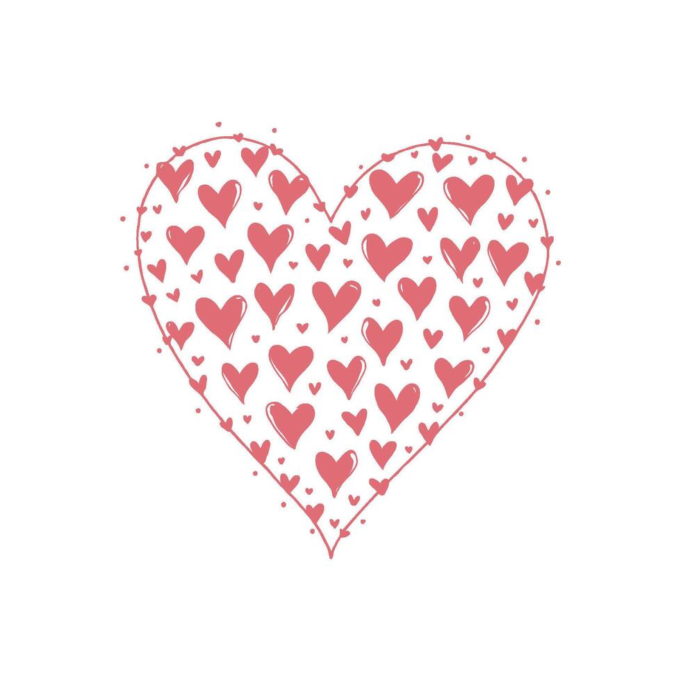 Large hand-drawn heart filled with smaller pink hearts, simple line art on white background, symbolizing love and affection vector