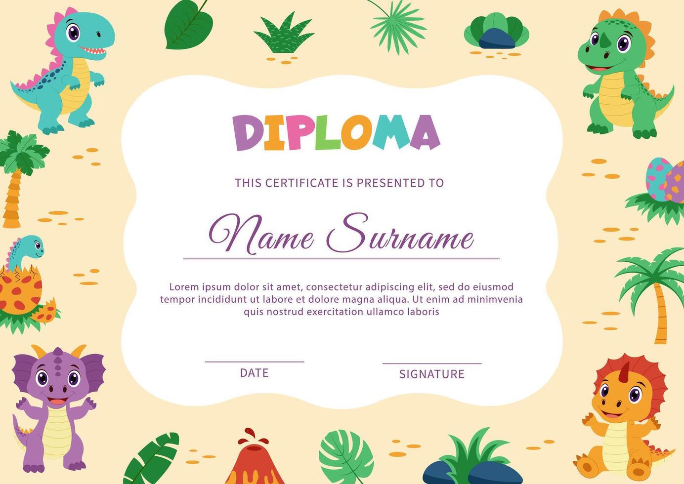 Dinosaur diploma, certificate. Template with dinosaurs and tropical plants. vector