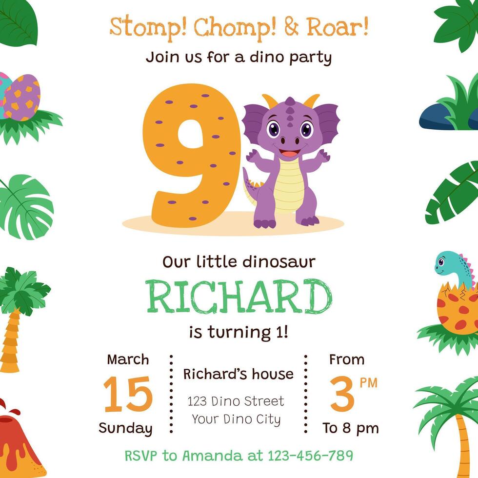 Dinosaur invitation. Birthday party invitation card with dinosaur and birthday anniversary number. vector