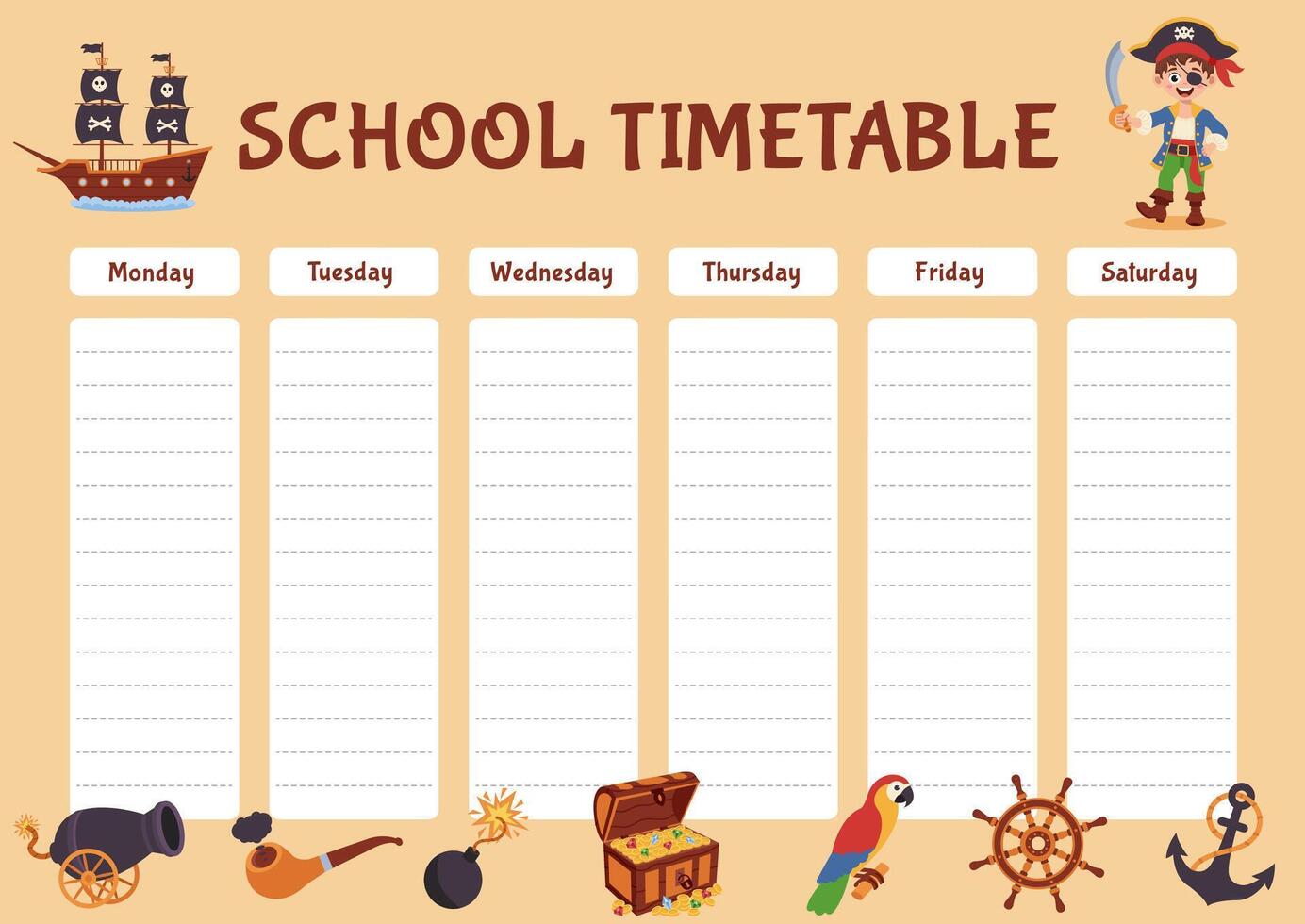 Pirate school timetable, lesson schedule. Timetable with pirate elements. vector