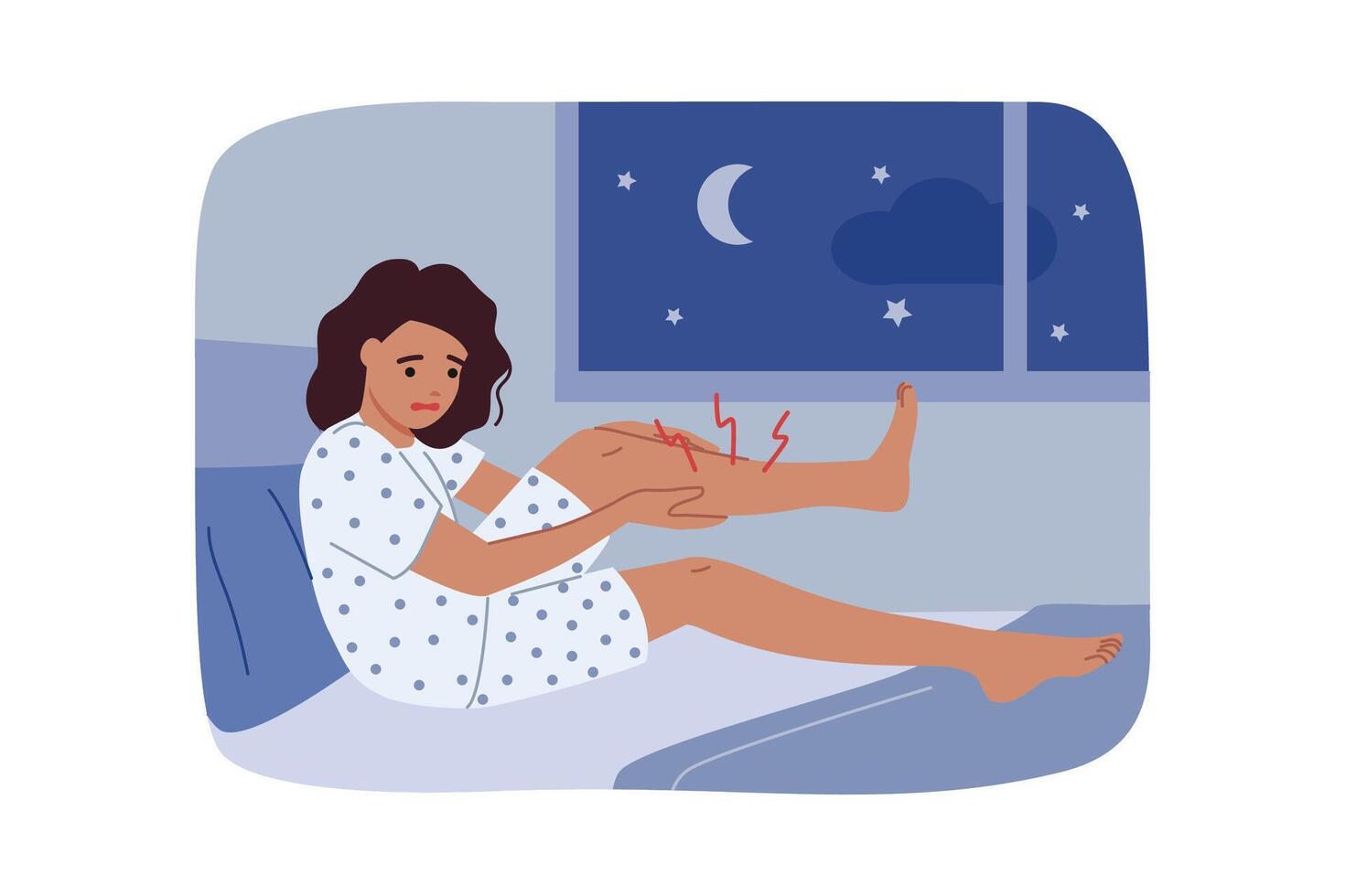 Sharp cramp woke up woman, clutching at leg lying in bed, experiencing pain prevented from sleeping vector