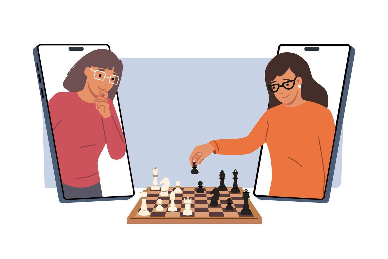 Two women play chess through mobile application on smartphones to practice strategic thinking vector
