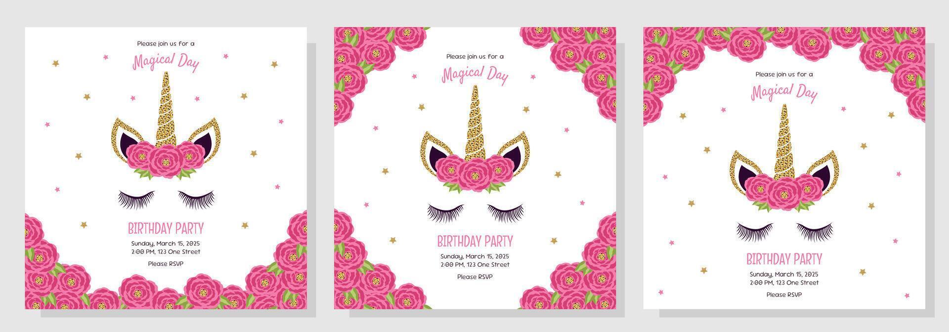 Unicorn set of birthday party invitations, greeting cards. Invitations with unicorn elements and roses. vector