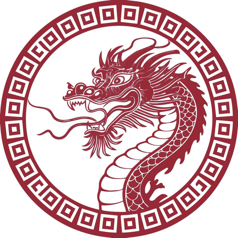 Chinese Art Red Dragon Emblem with Majestic Details vector