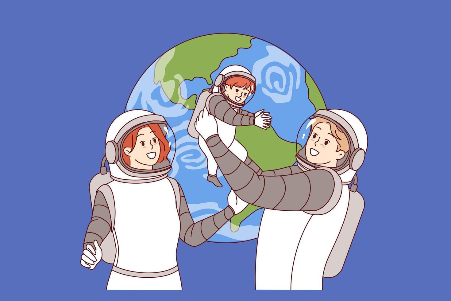 Family of astronauts makes space trip with baby, wearing spacesuits to obtain oxygen in zero gravity vector