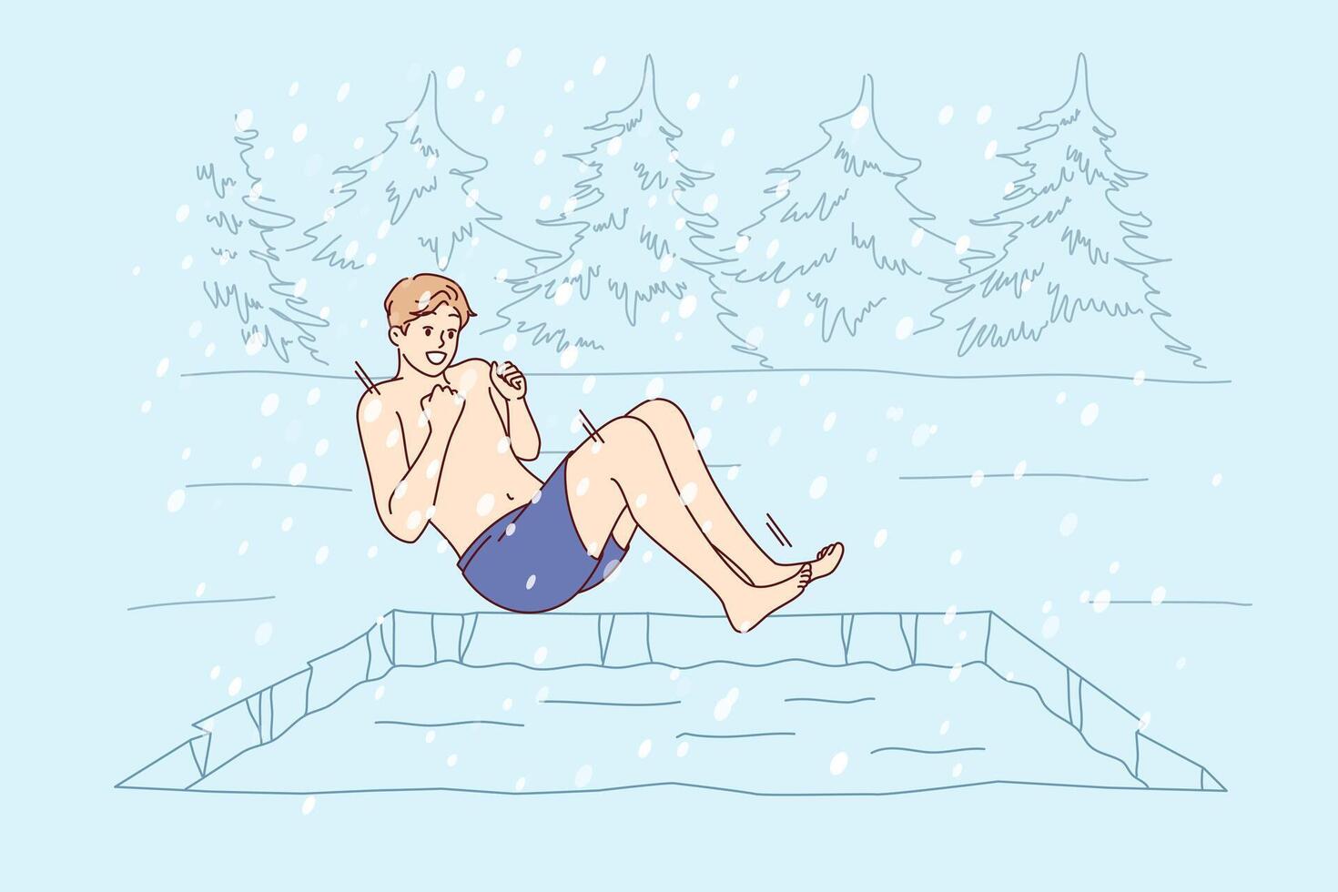 Man hardens himself by swimming in cold winter pond, jumping into icy water during snowfall vector