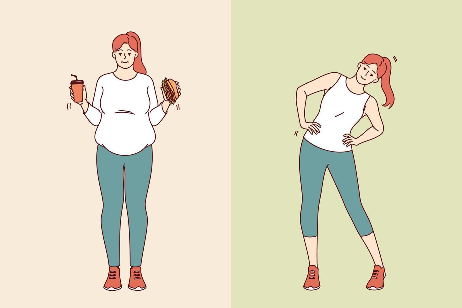 Obesity woman lost weight thanks to diet and exercise and acquired beautiful and slender body vector