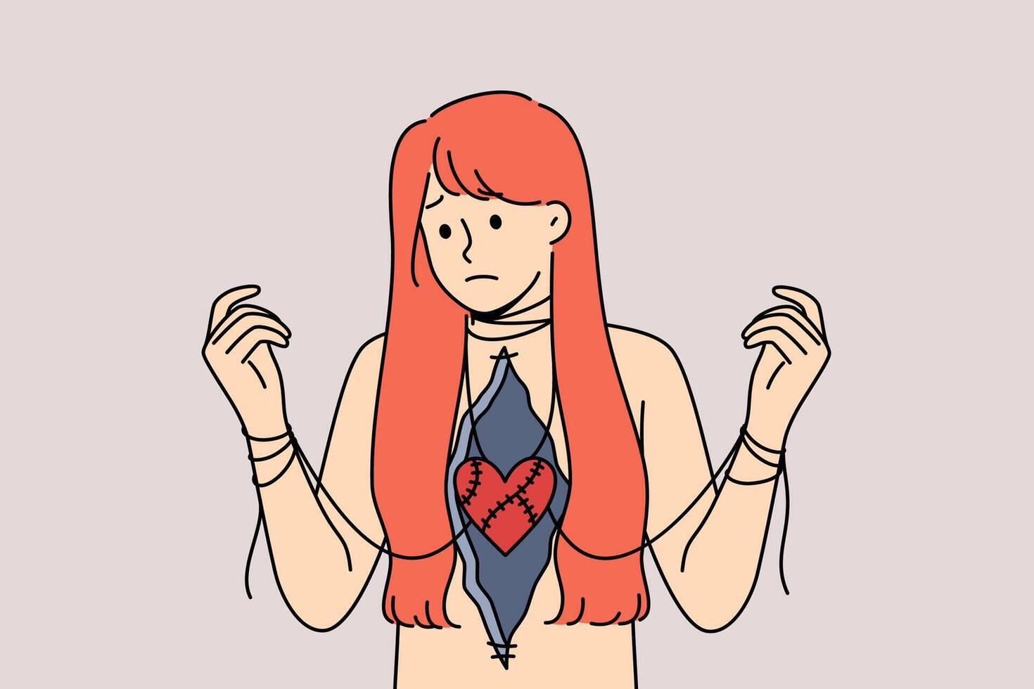 Unhappy love and problematic relationships upset woman with traumatized heart and tied hands vector