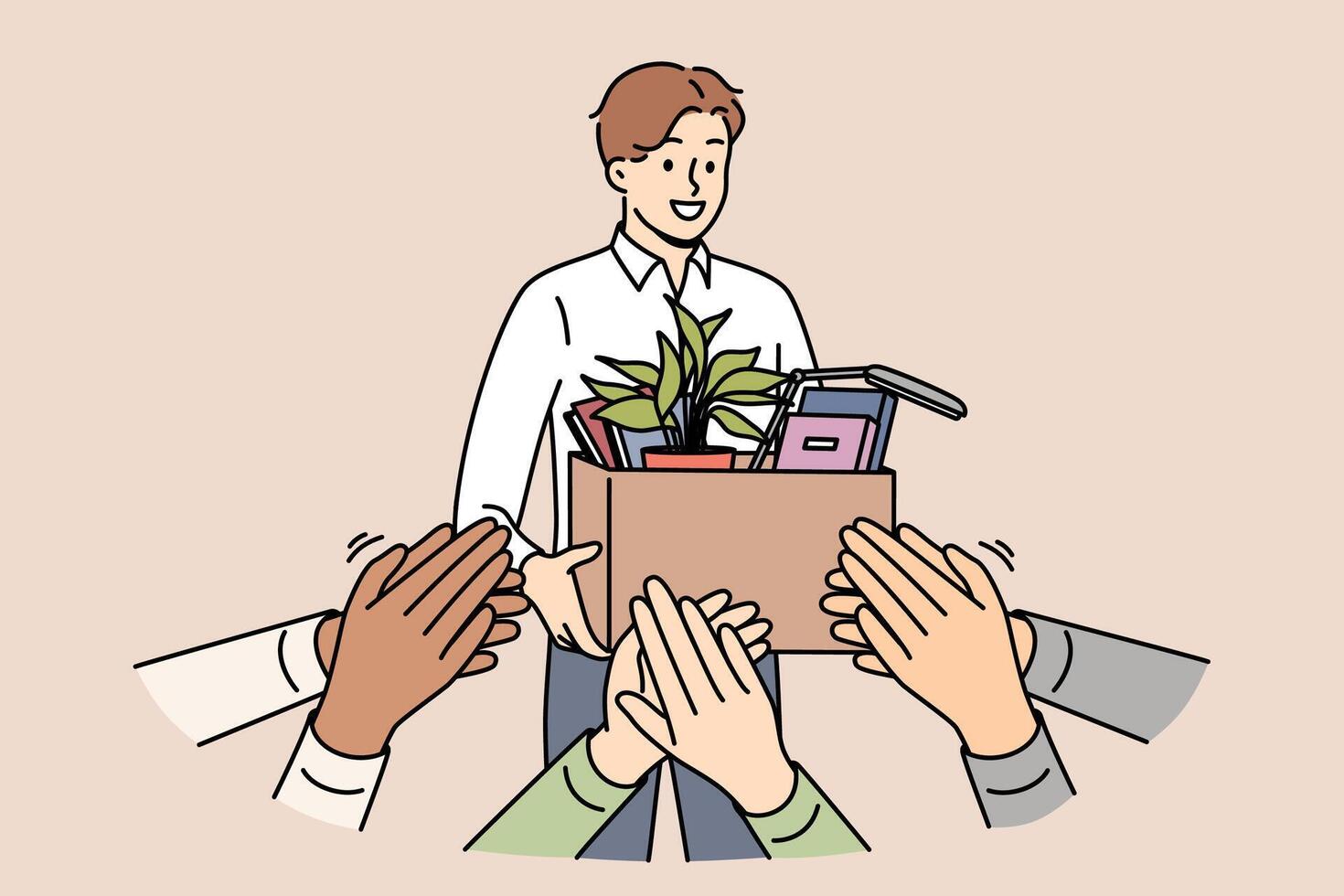 Hospitable team greets new employee entering office with box to thunderous applause vector