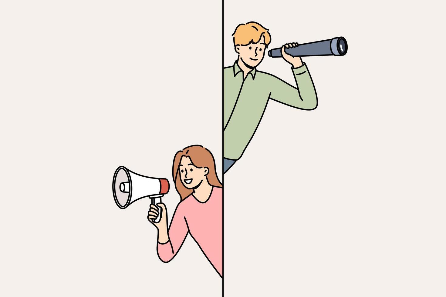 Business team of man using telescope to find opportunities and woman promoter attracting clients vector