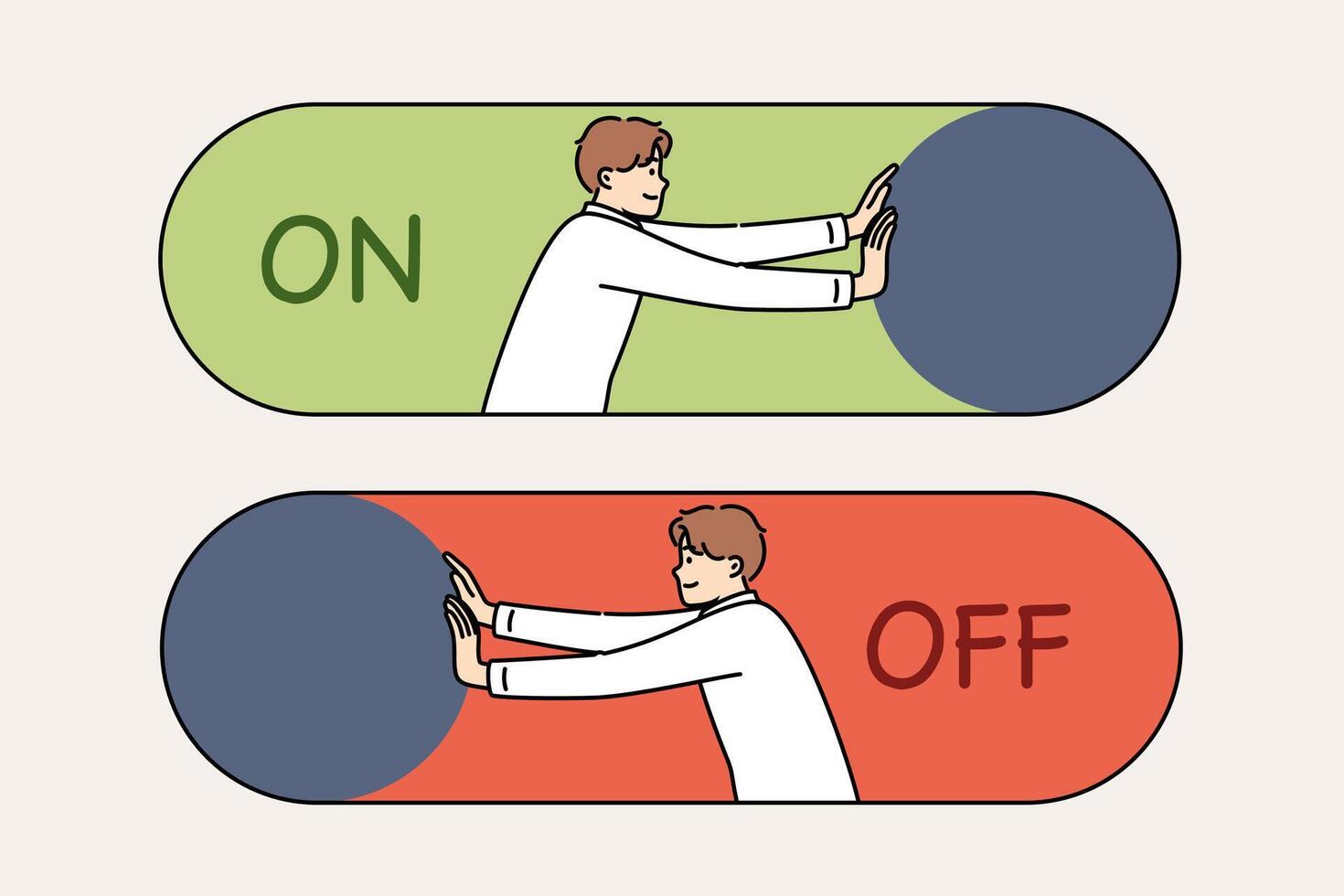 Man presses on and off button to start new project or complete unpromising startup vector
