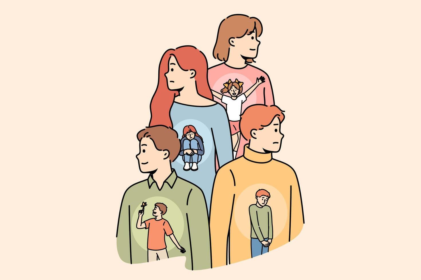Inner child in bodies of men and women affects psychological state and emotional balance vector