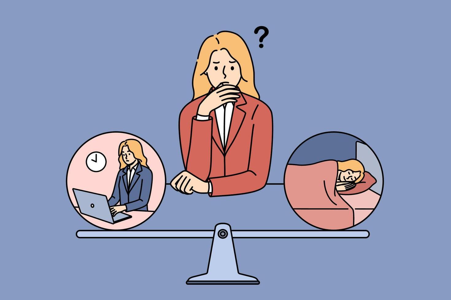 Workaholic woman thought about balance between sleep and work, due to chronic workaholism vector