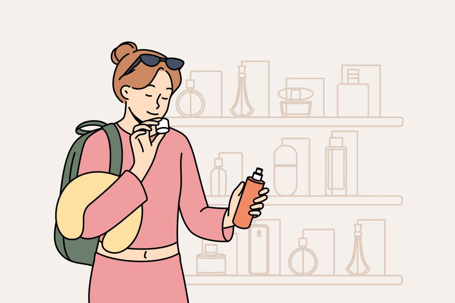 Woman inhales aroma of perfume, stands near counter of store selling cosmetics and expensive perfume vector