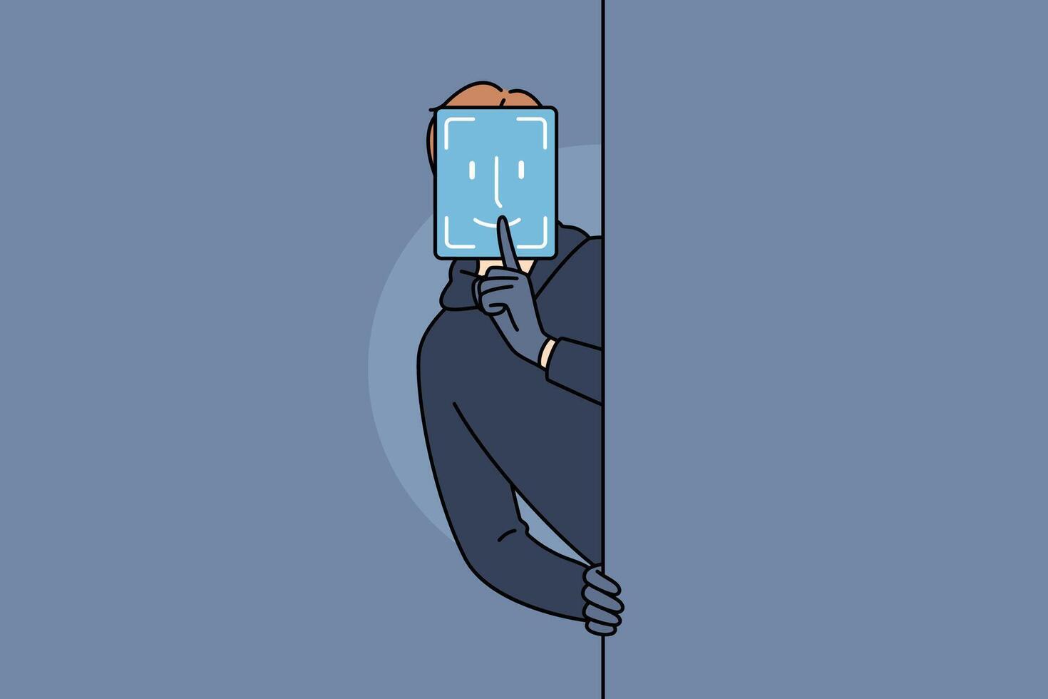 Hacker with fake facial biometrics wants to commit fraudulent actions to log into protected system vector