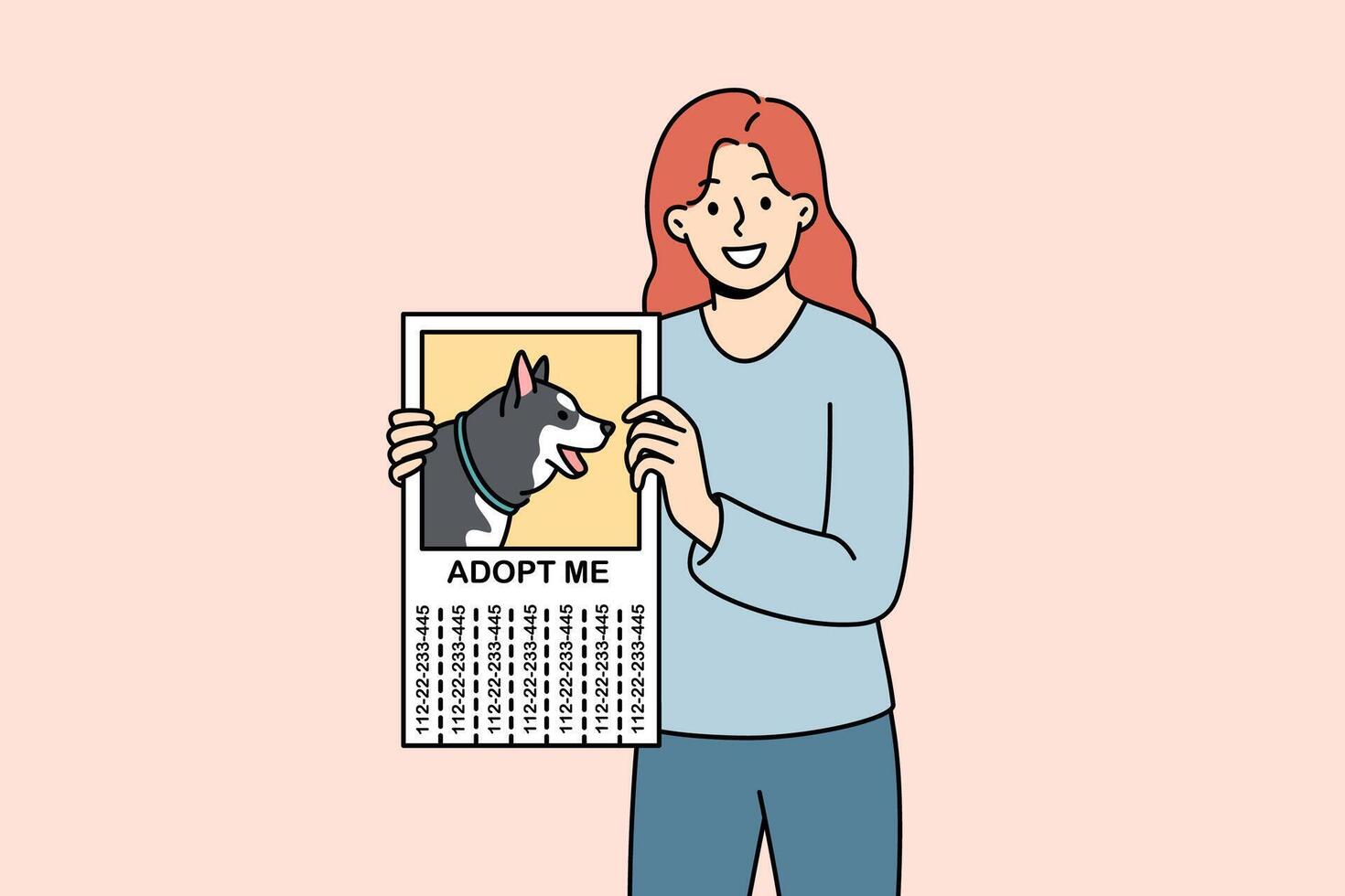 Adop me advertisement with portrait of dog in hands woman volunteer working at shelter vector