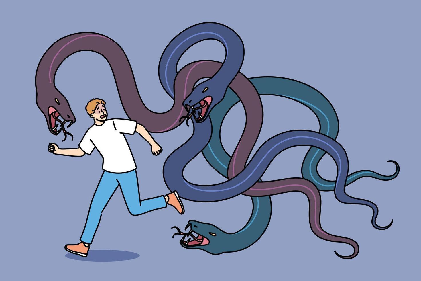 Giant snakes chase frightened man suffering from panic attacks caused by schizophrenia vector