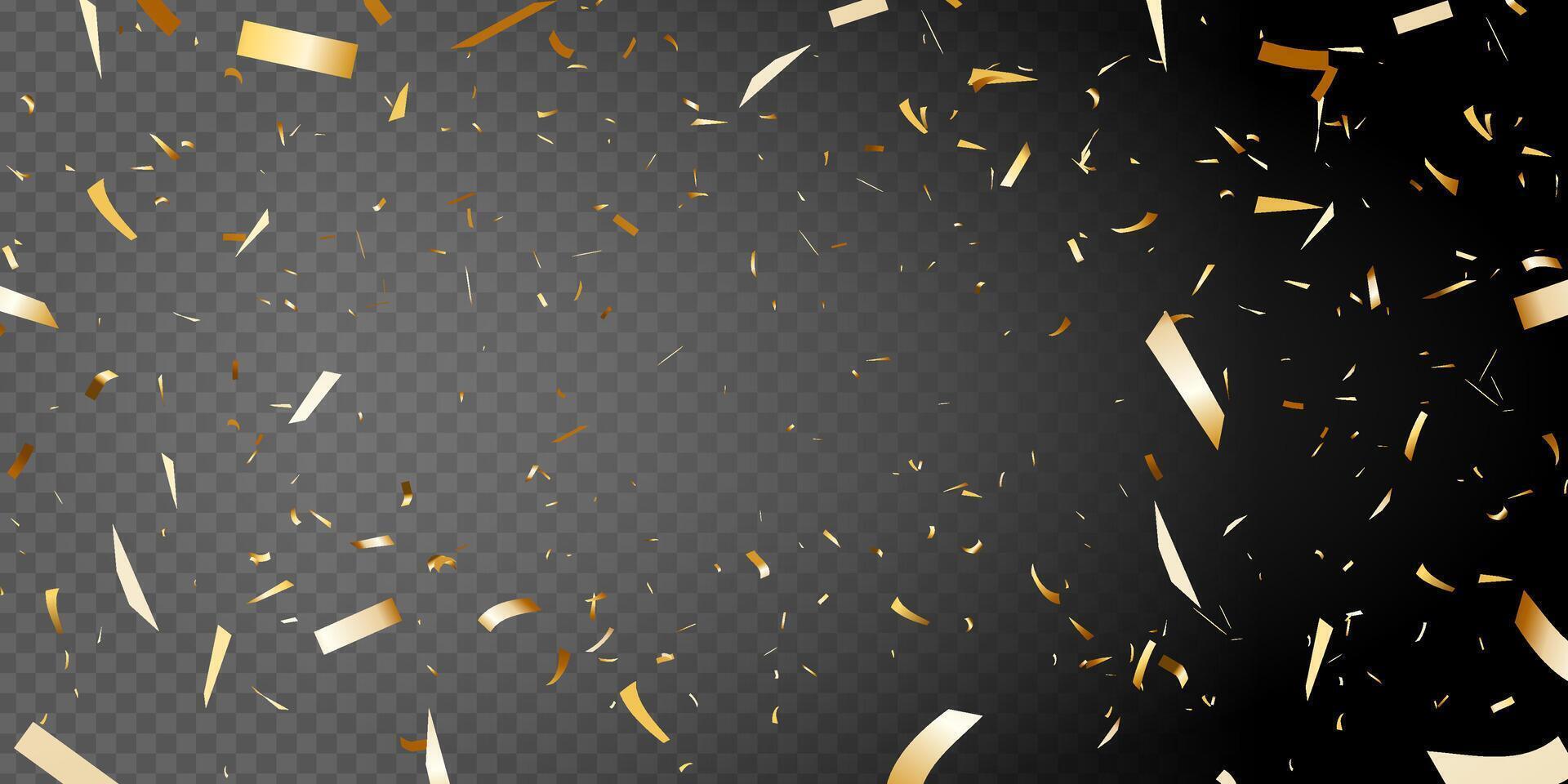 golden confetti isolated on black background. shiny gold confetti on transparent background best for holiday, birthday, celebration party, etc. vector