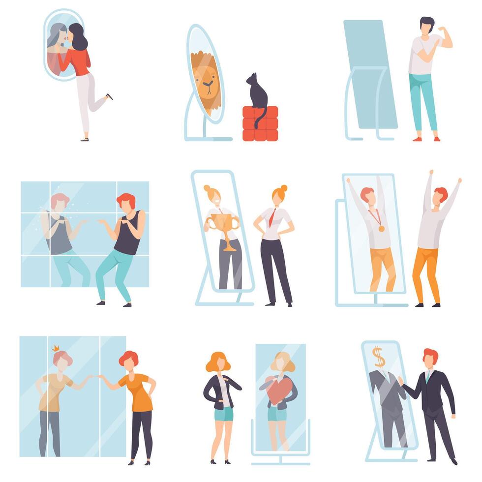 Narcissistic People Characters Looking at Mirror and Admiring of Themselves Set, Men, Women qnd Cat Overestimate Themselves, Self Confidence, Motivation Illustration vector