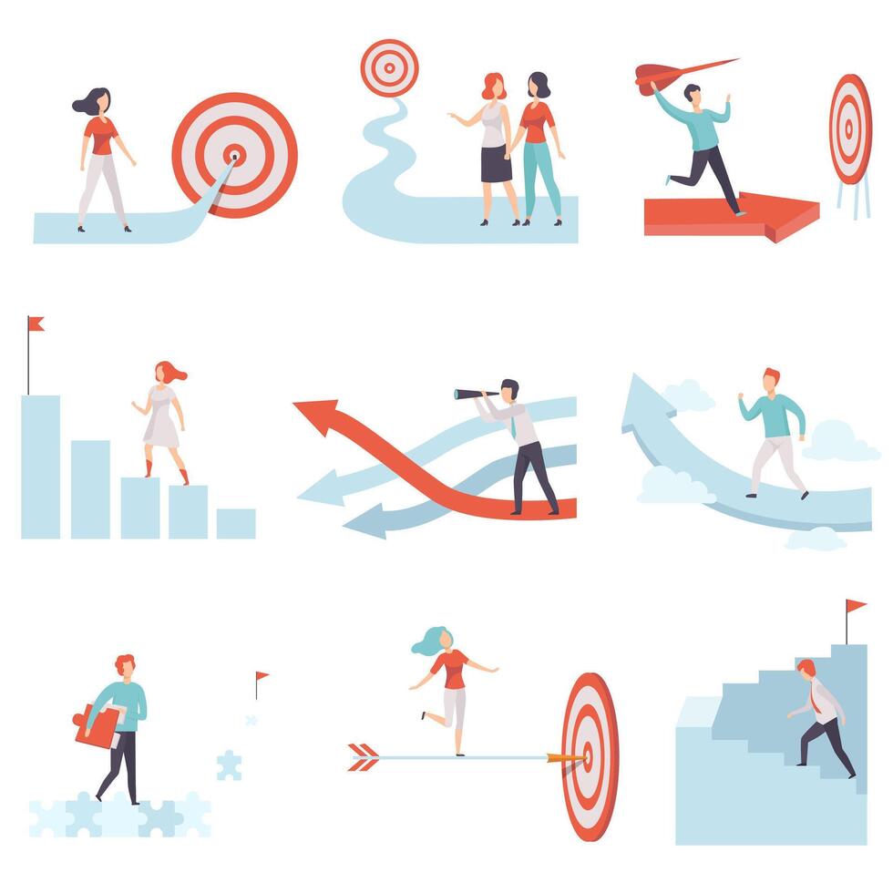 Business People Moving to Success Set, Men and Women Climbing Up Career Ladders and Growth Arrows to Achievement of Goals, Business and Career Development Illustration vector