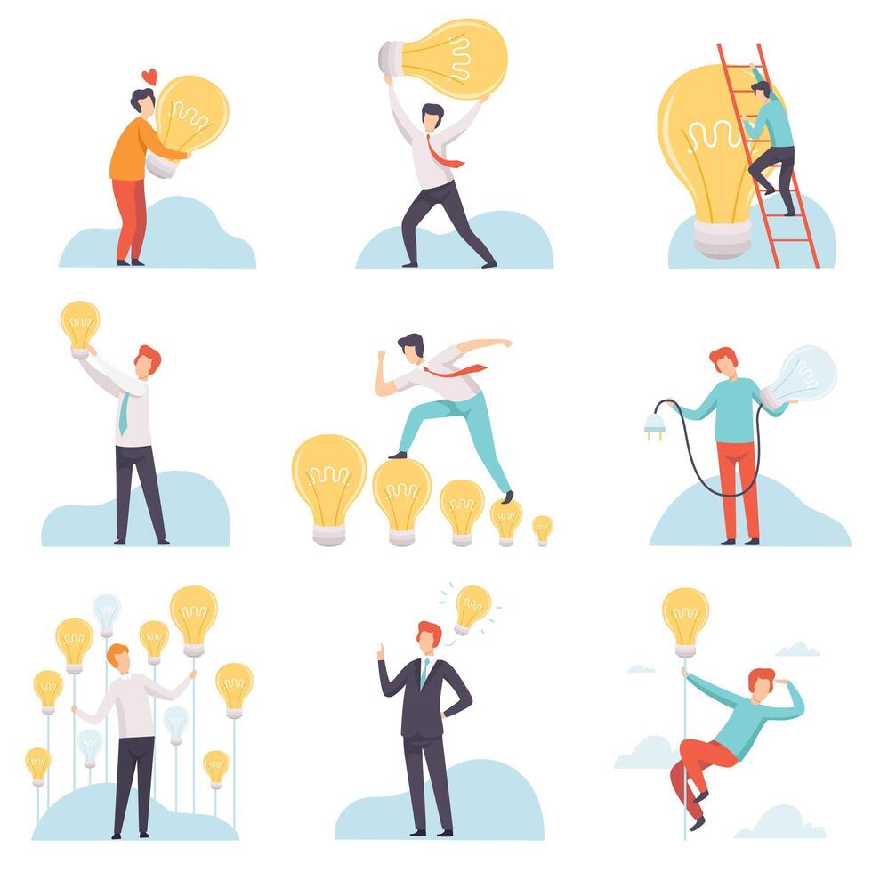 Businessmen with Glowing Light Bulbs Set, Business People Having Good Ideas, Brainstorming, Innovation, Creative Thinking Concept Illustration vector