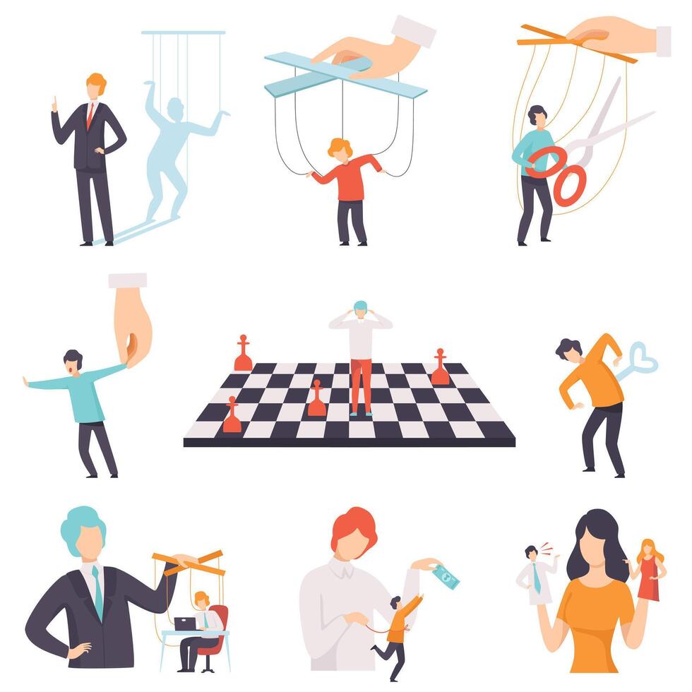 Manipulation of People Set, Marionette People on Ropes Controlled by Others Illustration vector