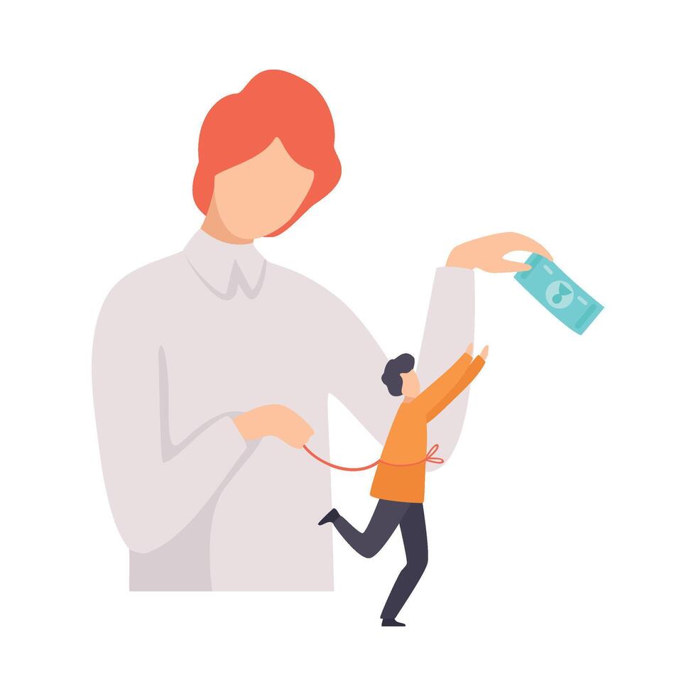 Businessman Manipulating Man with Money and Rope, Controll, Manipulation of People Concept Illustration vector