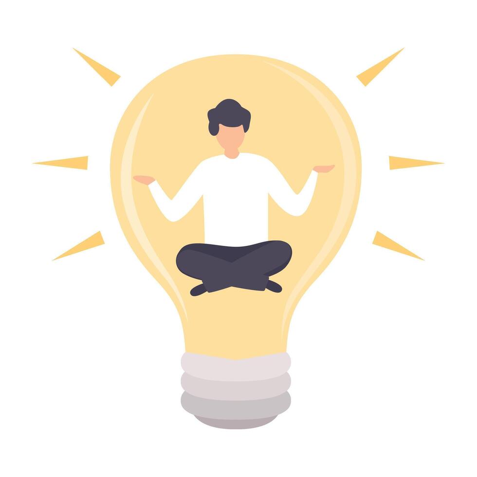 Businessman Meditating Inside Glowing Bright Bulb, Man Having Good Idea, Brainstorming, Innovation, Creativity Concept Illustration vector