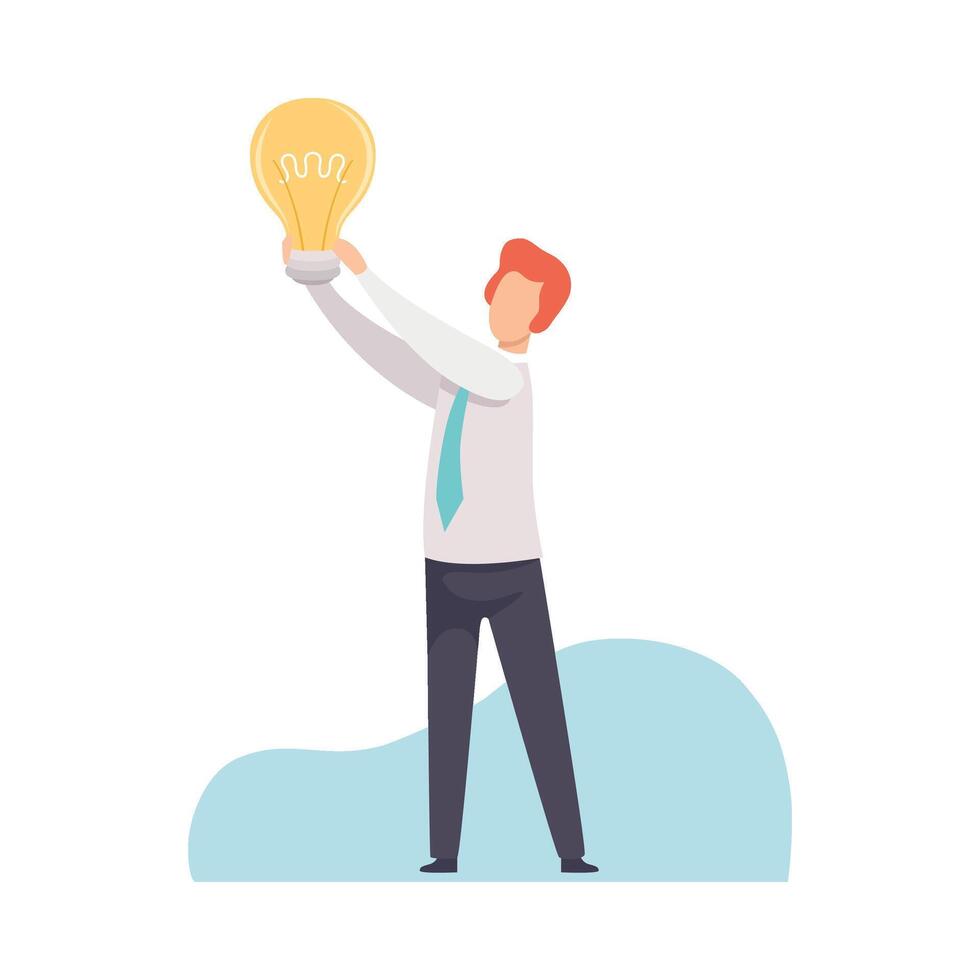 Businessman Holding Bright Glowing Light Bulb in His Hands, Man Having Good Idea, Brainstorming, Innovation, Creativity Concept Illustration vector