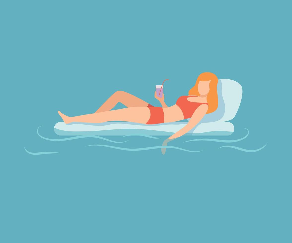 Young Beautiful Woman Floating on Air Mattress, Woman Relaxing in the Sea, Ocean or Swimming Pool at Summer Vacation Illustration vector