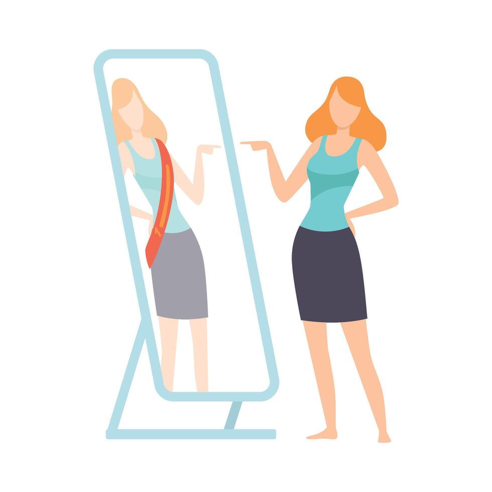 Narcissistic Woman Character Looking at Mirror Pretend to Be Successfull, Girl Overestimate Herself, Self Confidence, Motivation Illustration vector